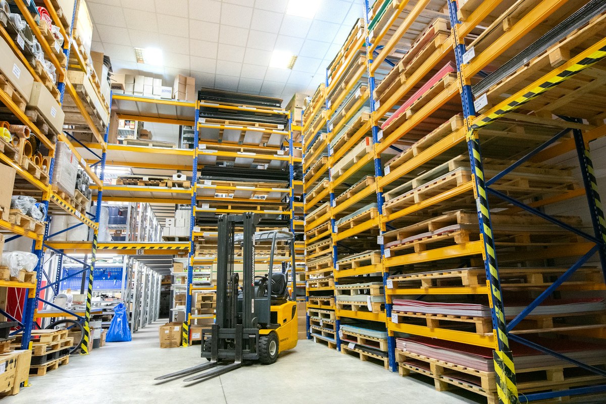 Pallet racking and a forklift inside a bonded warehouse